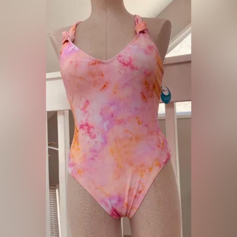 Decree Awash And Away tie dye racerback one piece swim suit pastel orange pink M